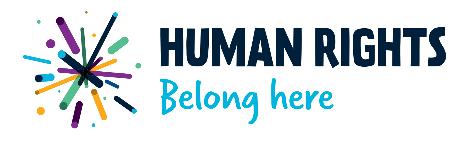 Human Rights Belongs Here on a white background with coloured splash.