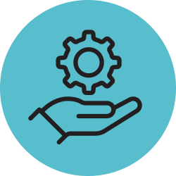 cog wheel icon over the palm of a hand on blue background
