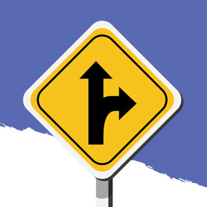 road sign with two arrows pointing ahead and right turn