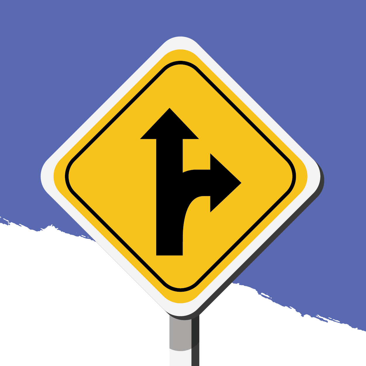 yellow road sign with two arrows point ahead and a right turn