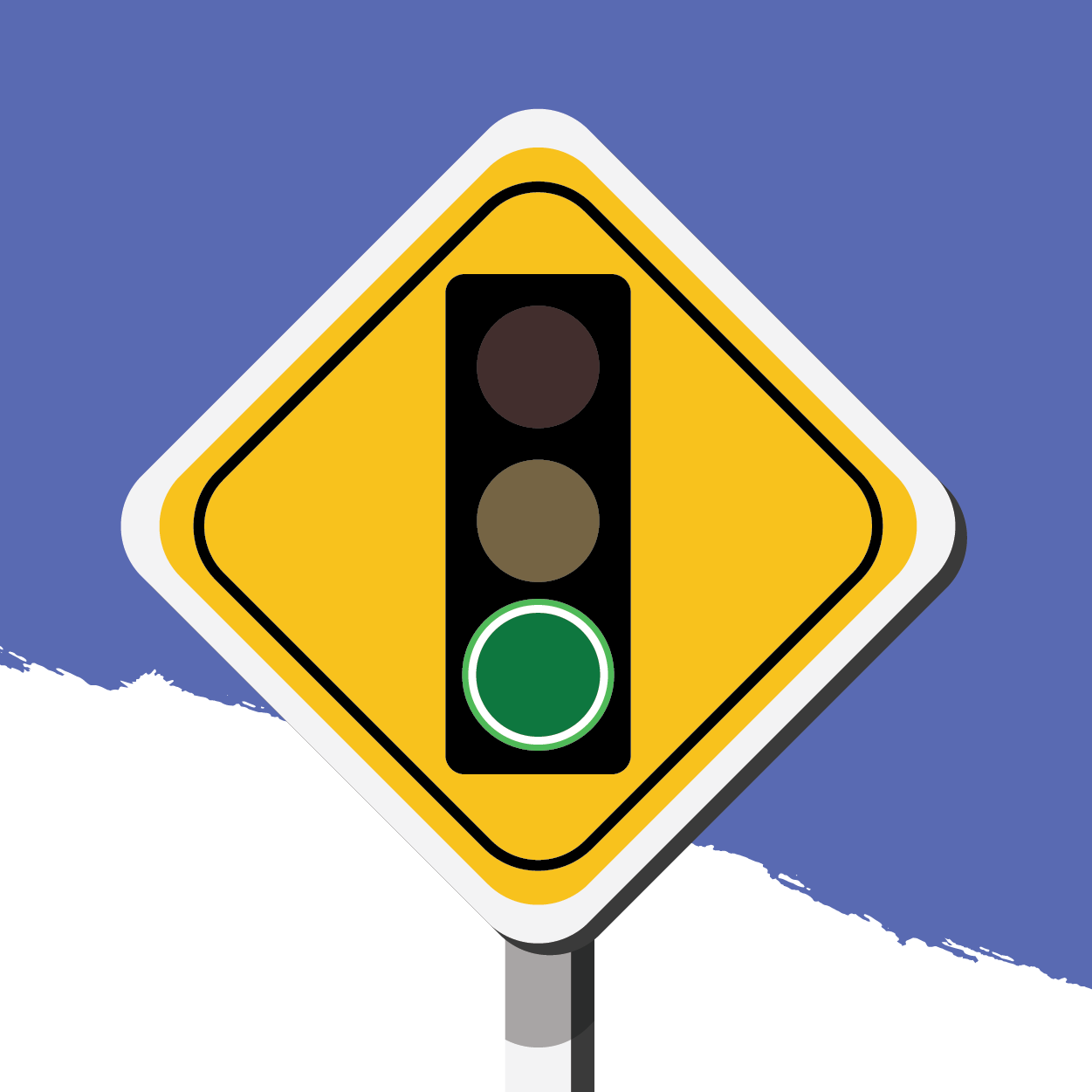 yellow road sign with traffic light